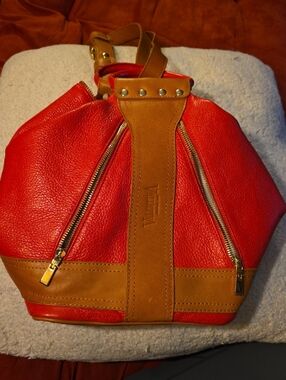 Valentina Red and Tan Leather Zip-Front Bucket Bag